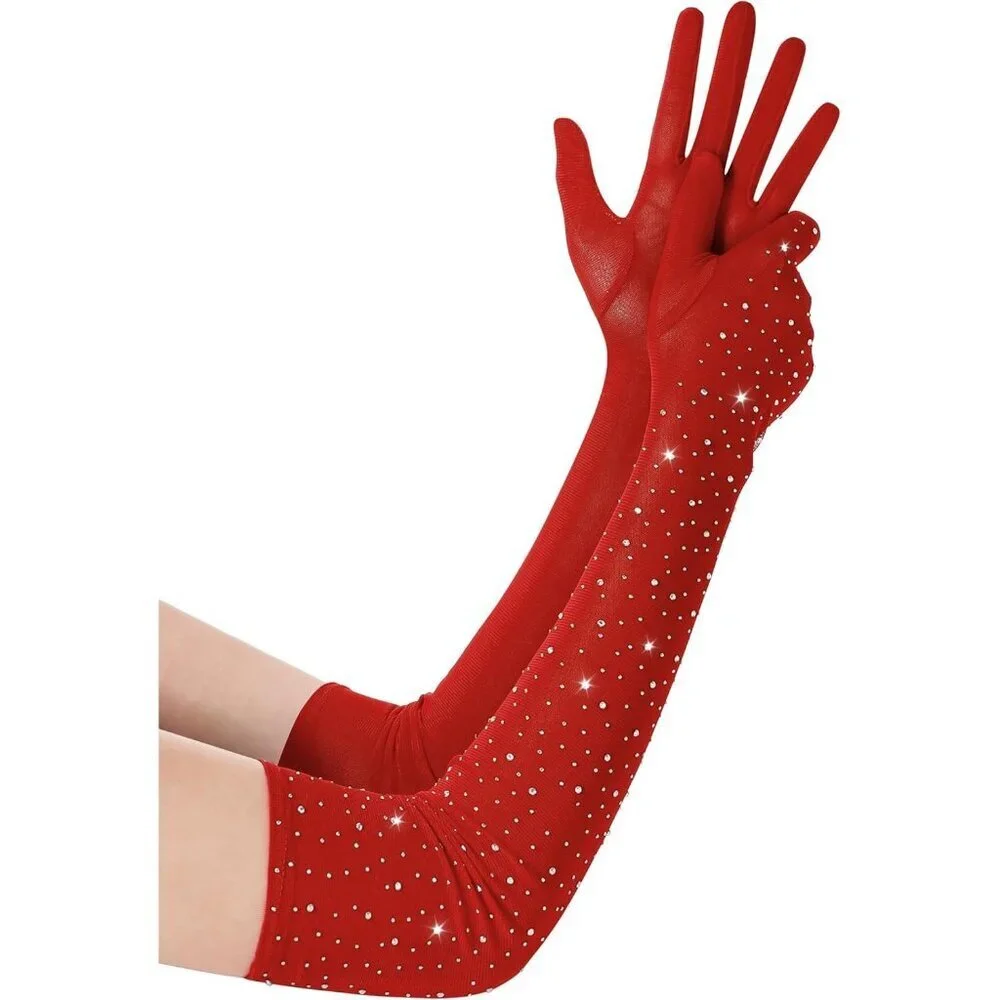 Women's Rhinestone Red Sparkly Elbow Length Mesh Long Gloves Party Accessory